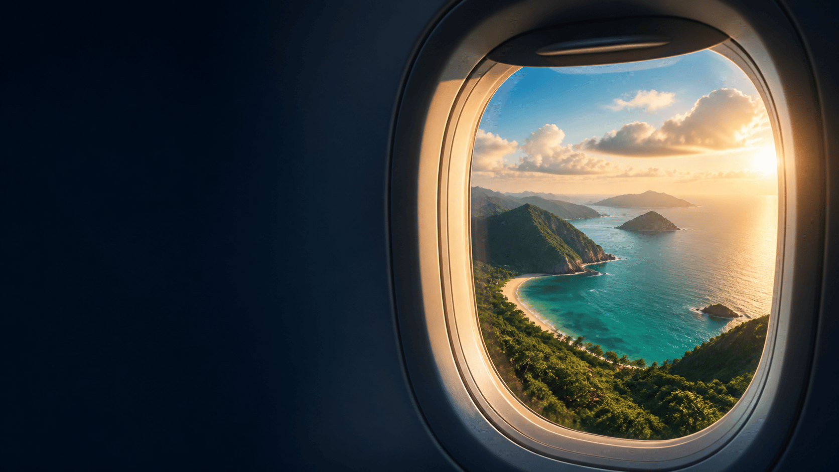 Golden-hour coastline seen through an airplane window